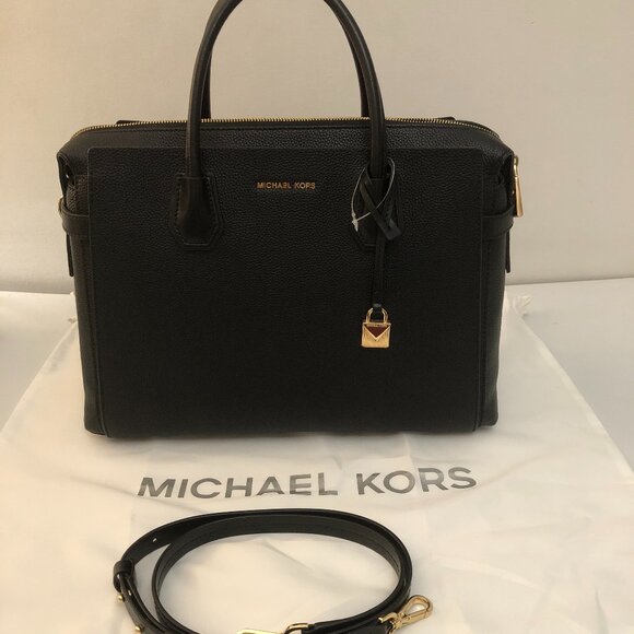 Michael Kors - Mercer Belted Large Satchel - Pebbled Leather - Black & Gold-tone - Picture 6 of 16